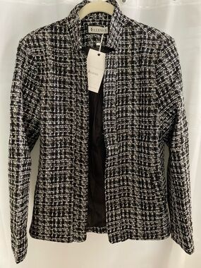 NWT ELLEVEN Black/White/Gold lurex Tweed Open-Front Jacket with pockets sz M